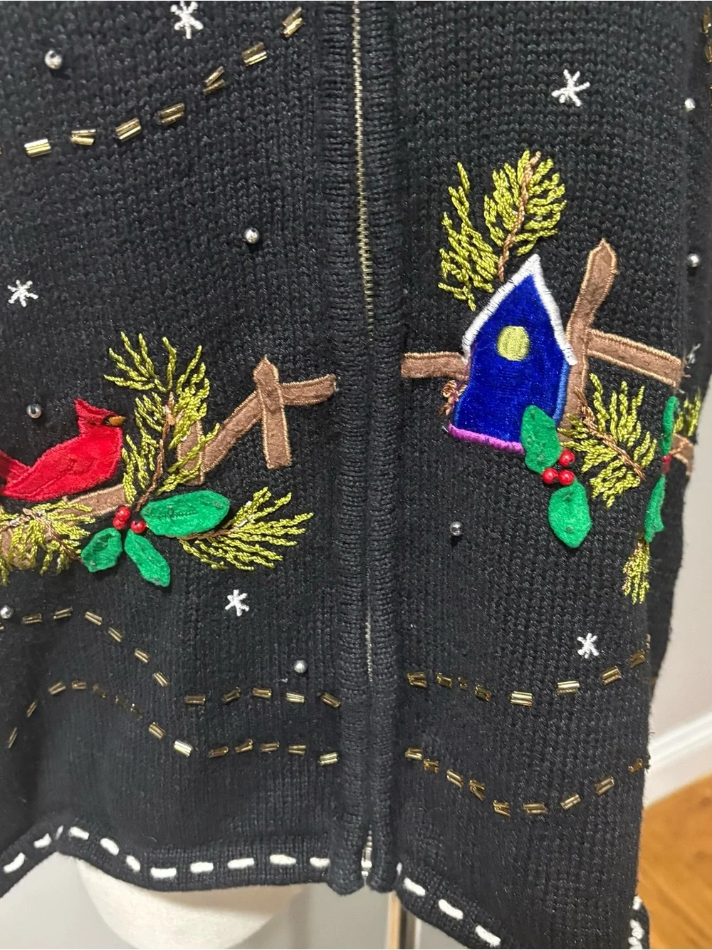 VTG Ugly Christmas Sweater Vest Tree Zip Cardinals Black Beaded Holiday Sz XL
